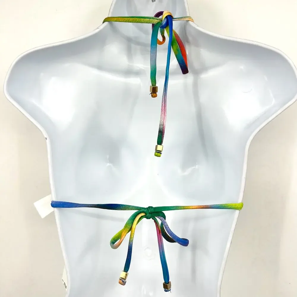 BECCA Paper Mache Cheryl Reversible Triangle Bikini Top Small Rainbow Blue NWT